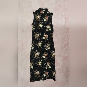 Forever 21 Black Floral Long High Collar Dress, Size S